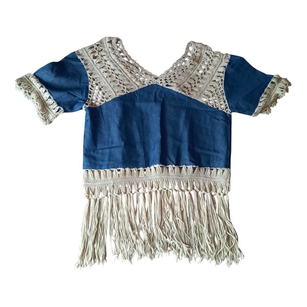 Elegant Crochet Fringe Blouse in Blue and Cream